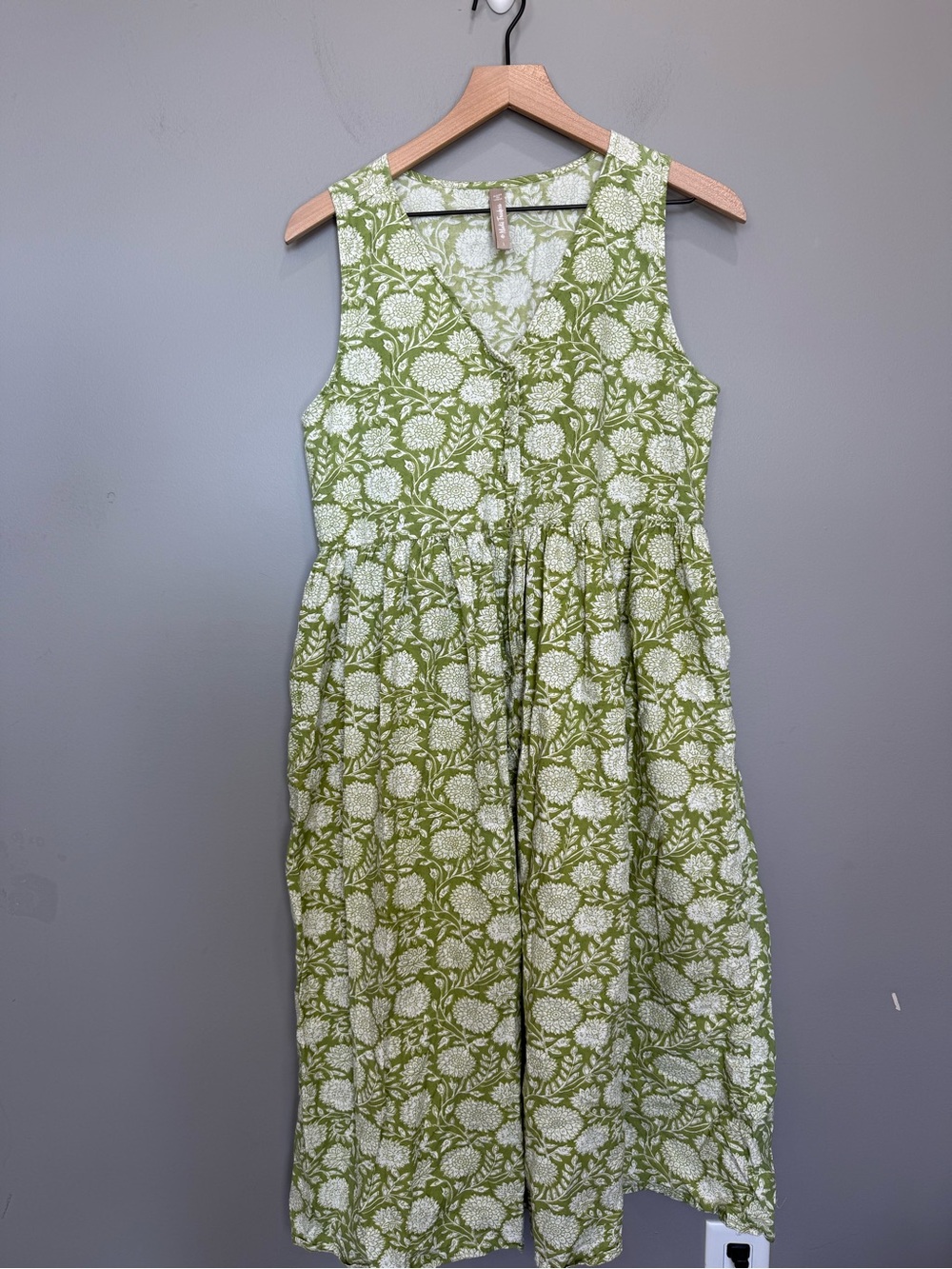 Mata Traders Green Floral Cotton Midi Dress Size L Button Front Boho